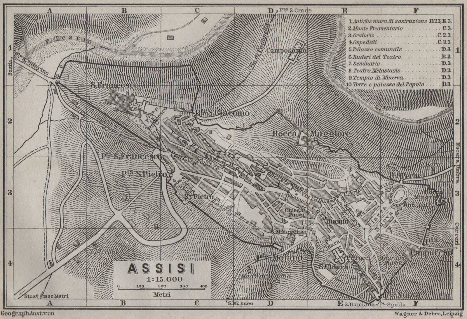 ASSISI antique town city plan piano urbanistico. Italy mappa. BAEDEKER 1909